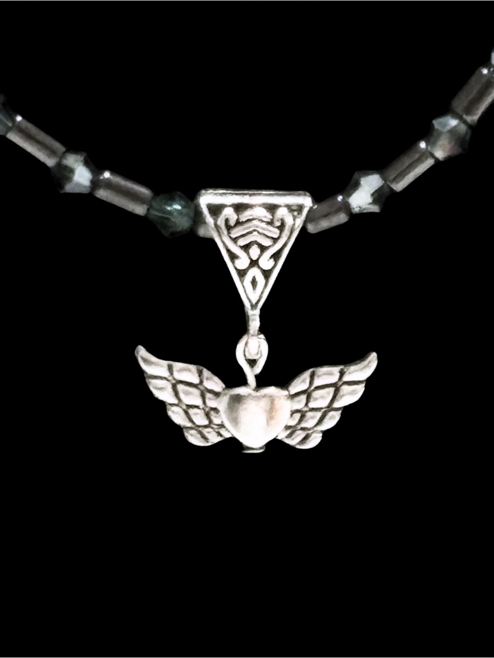 Hematite and Crystal Beaded Heart With
 Wing Pendant Necklace